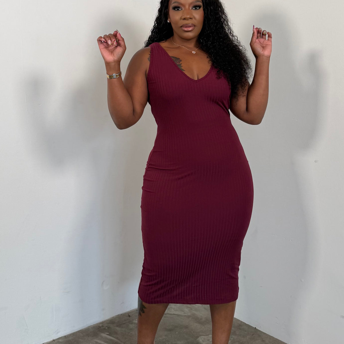 midi dress bodycon The Go To Midi Dress (Burgundy) – I'MarE Boutique