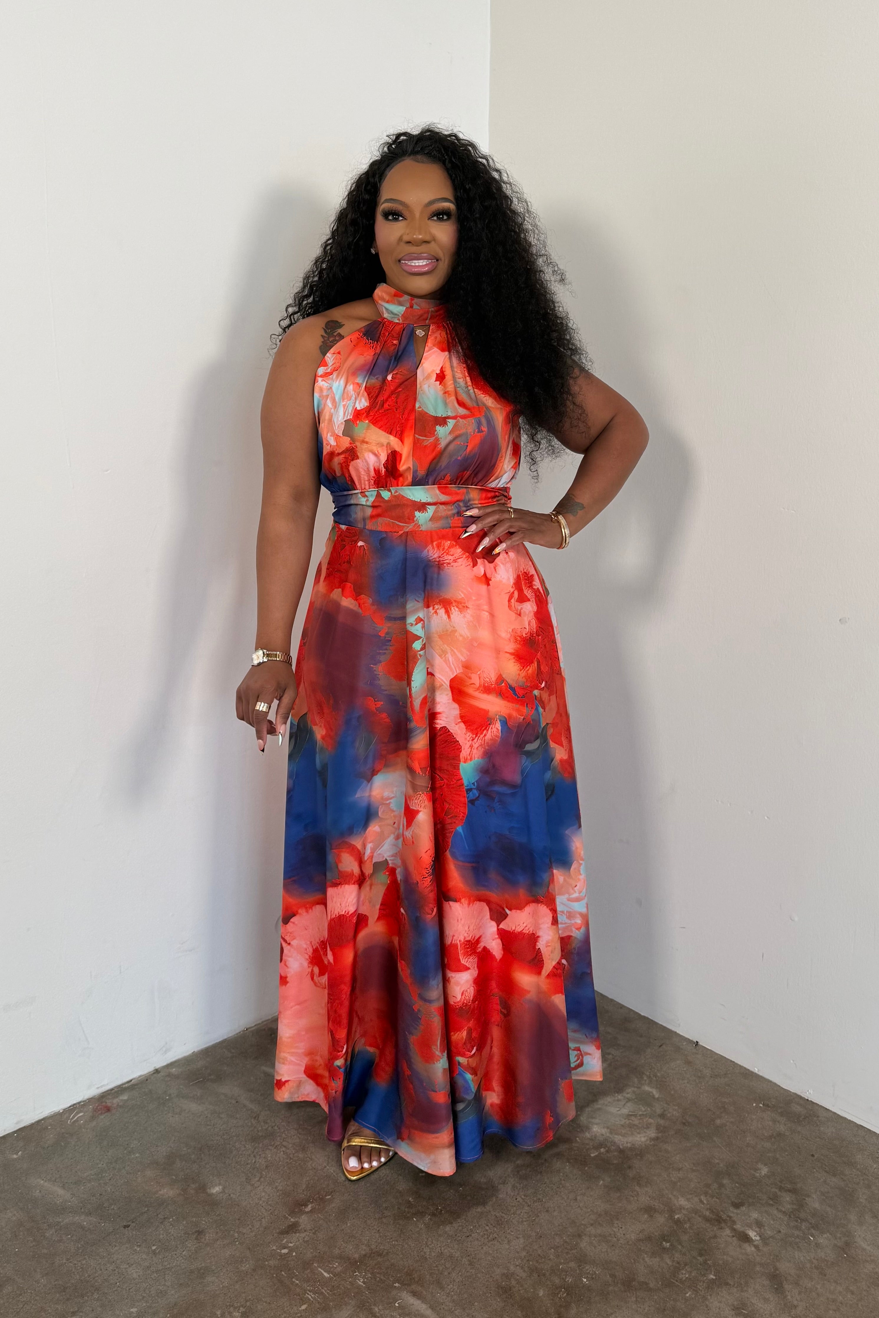 knee length dresses for ladies Womens Bright Blue Floral Maxi Dress | Boutique Elise main image 1