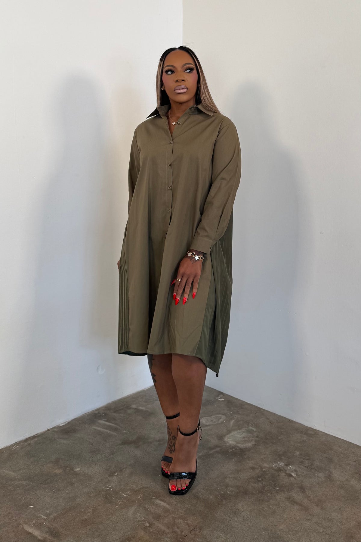 Pleated To Perfection Dress (Olive) 6082