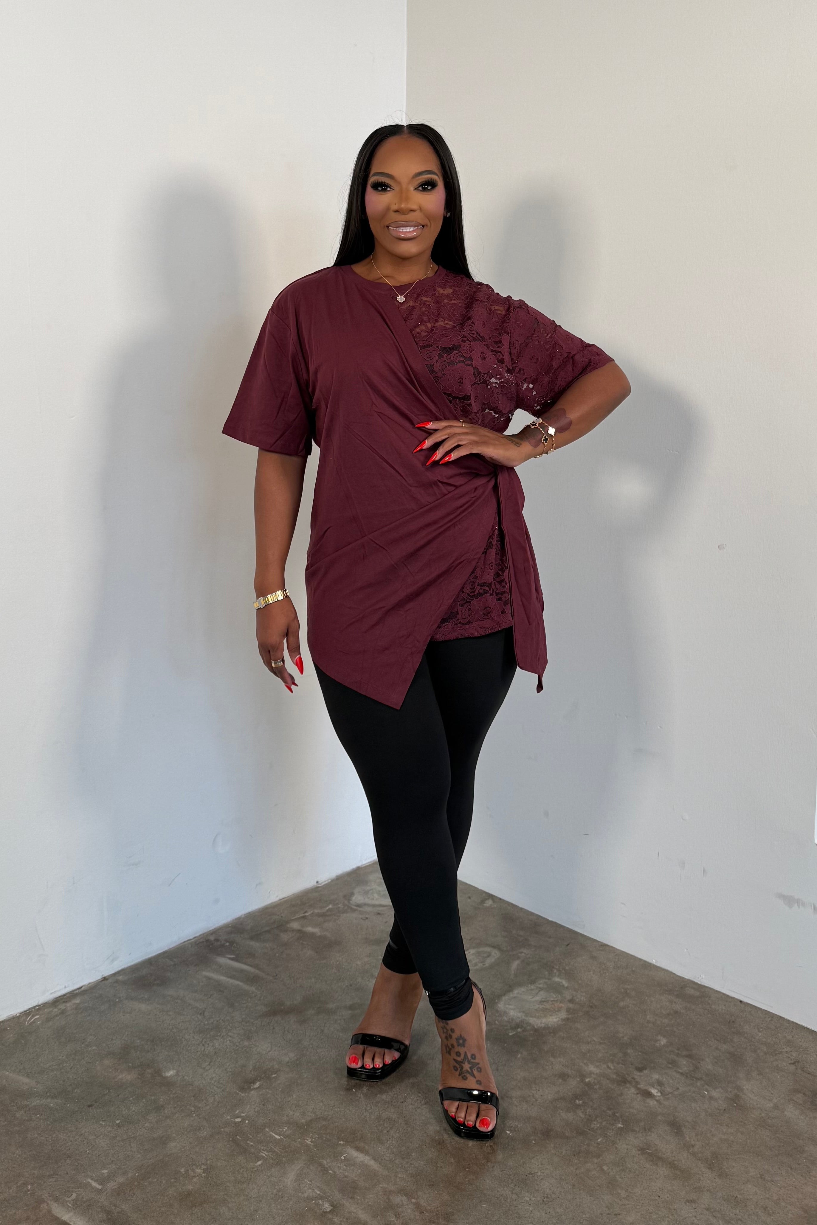 A Touch of Lace Top (Burgundy)
