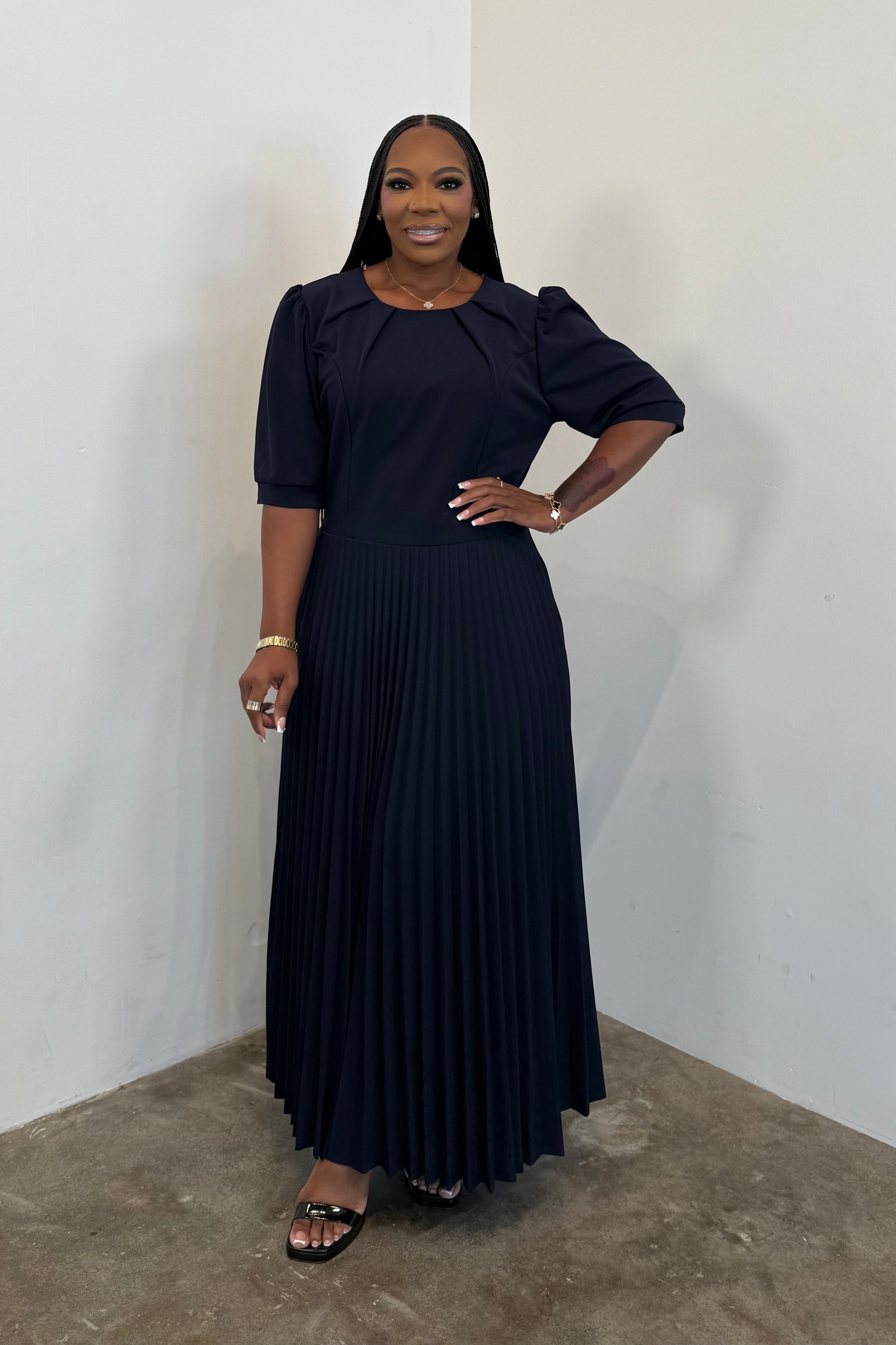 Pleated Grace Dress (Navy)