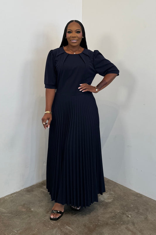 Pleated Grace Dress (Navy)