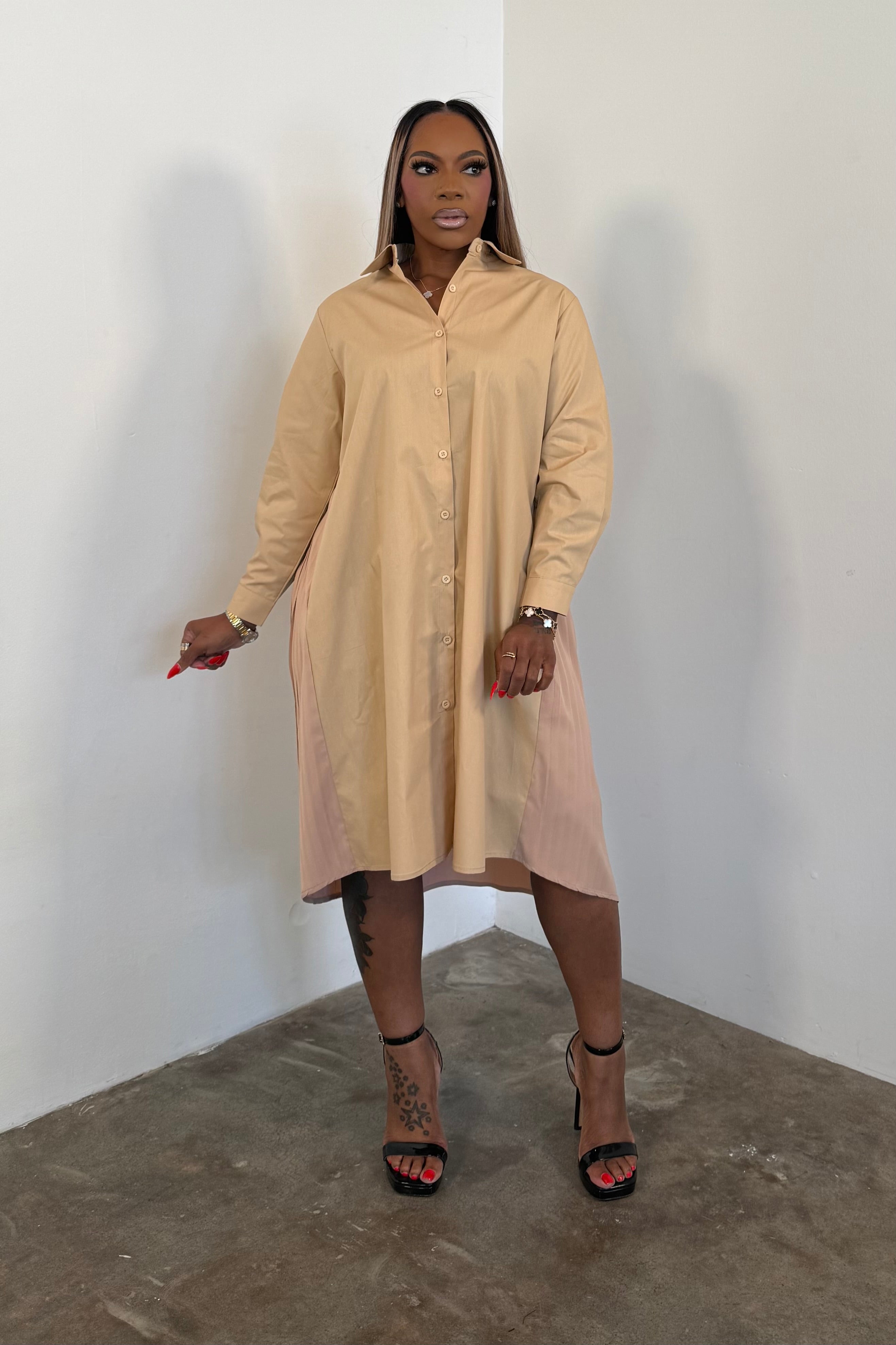 Pleated To Perfection Dress (Beige) 6082