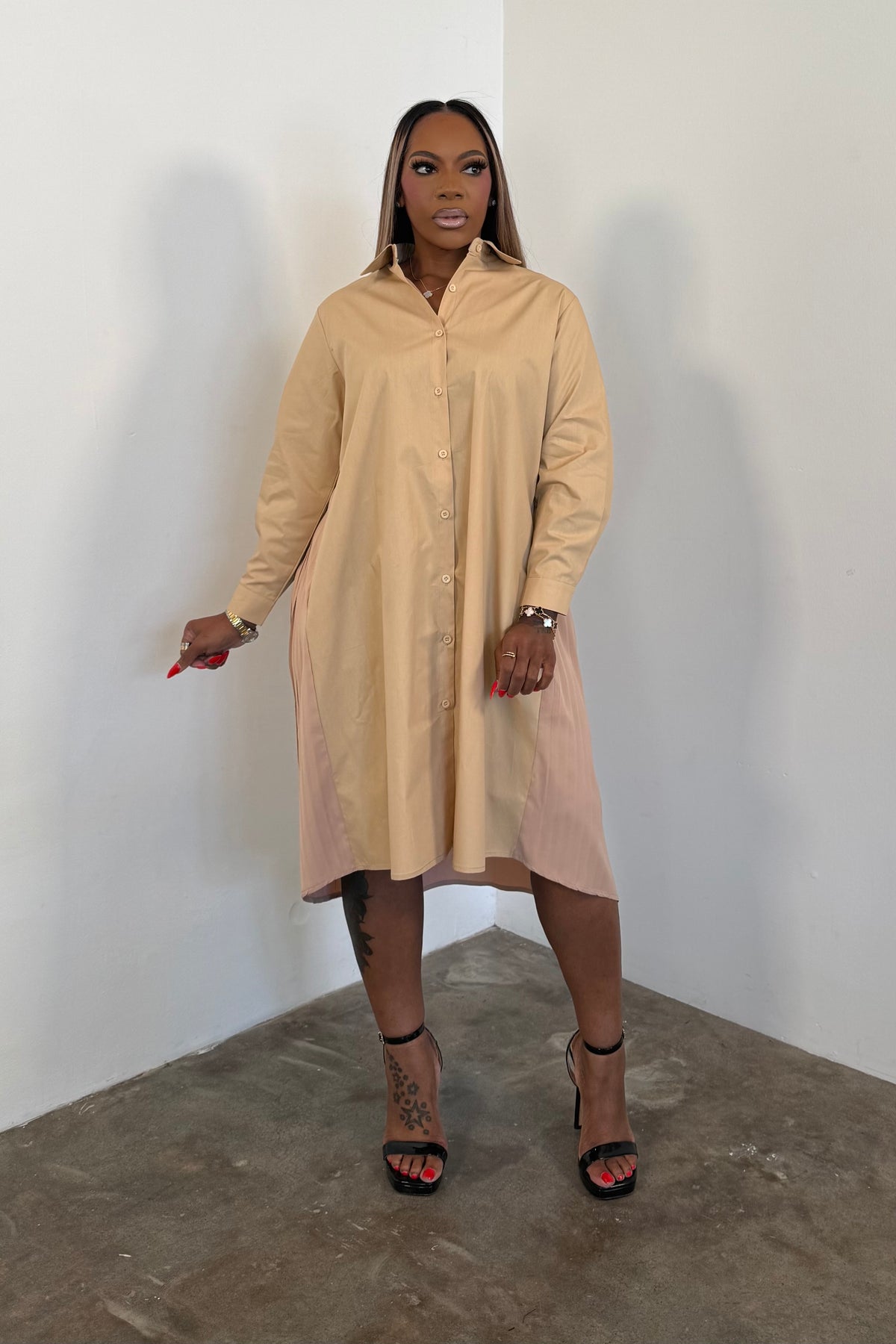 Pleated To Perfection Dress (Beige) 6082