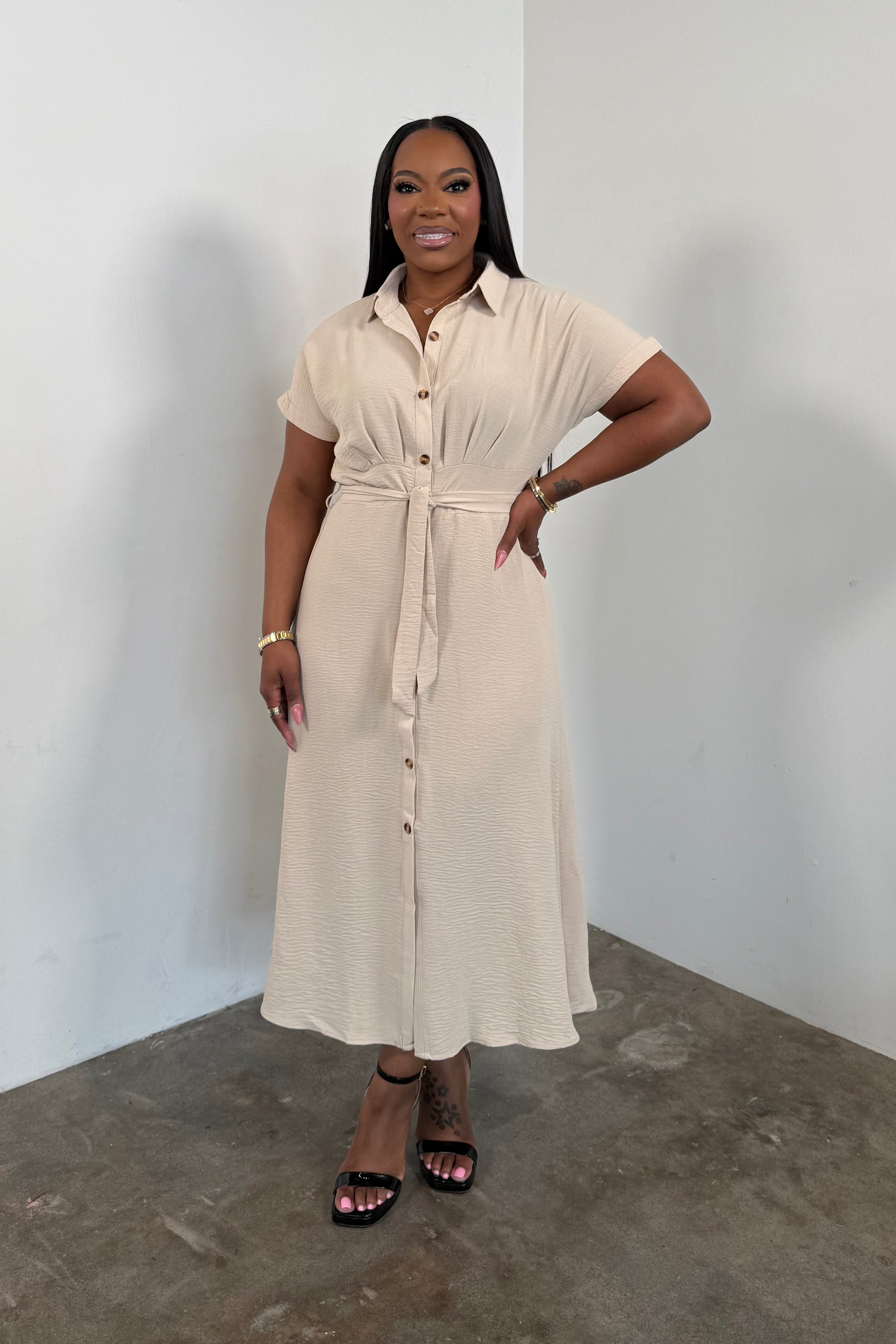 The Noelle Midi Dress (Beige) 1146 I'MarE Boutique The Noelle Midi Dress (Beige) 1146 I'MarE Boutique