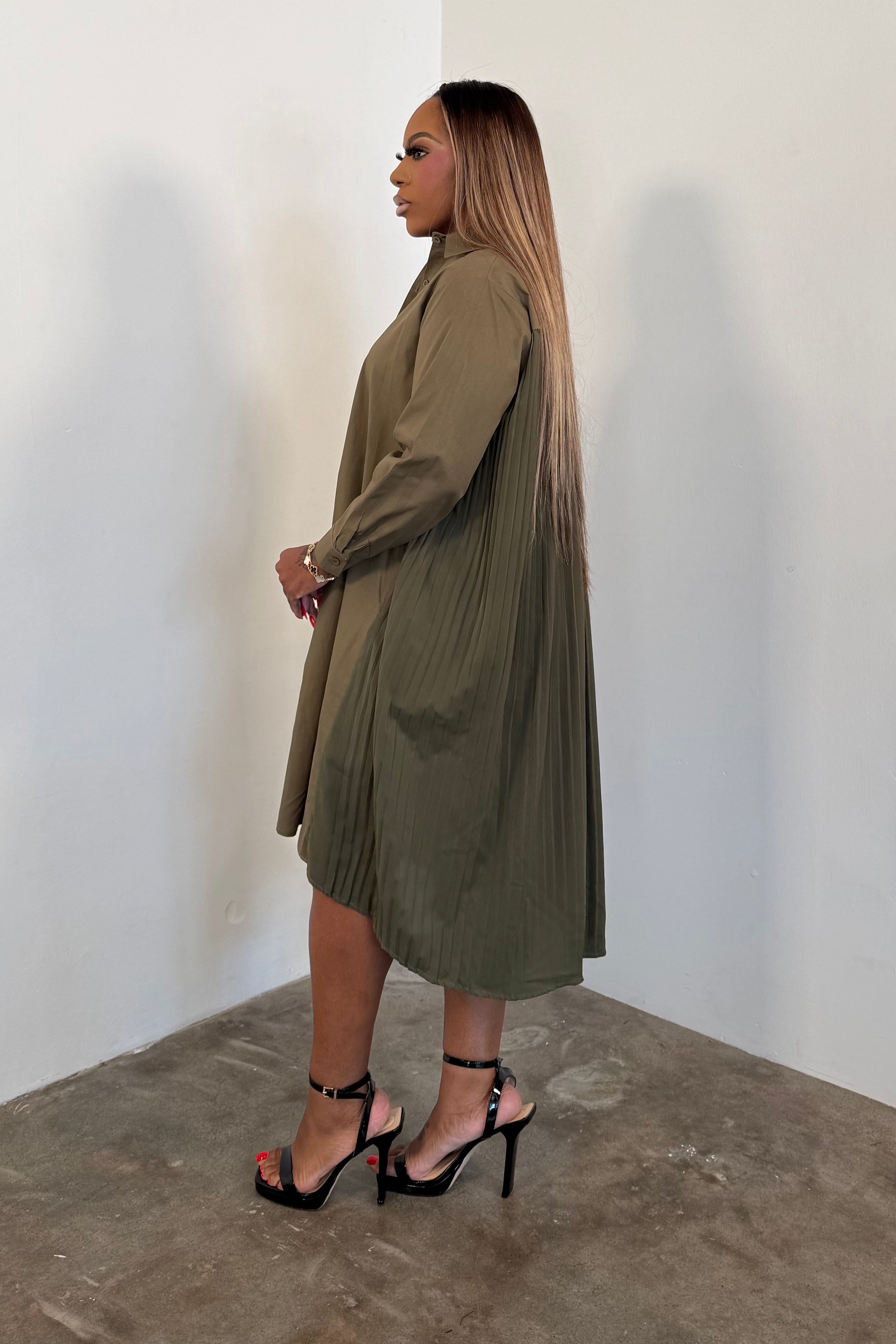 Pleated To Perfection Dress (Olive) 6082