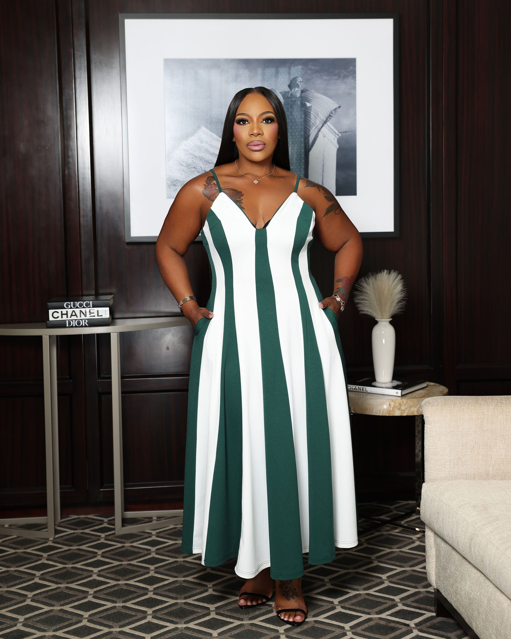 The Timeless Stripe Dress  (I'MarE Exclusive) (Green/White)