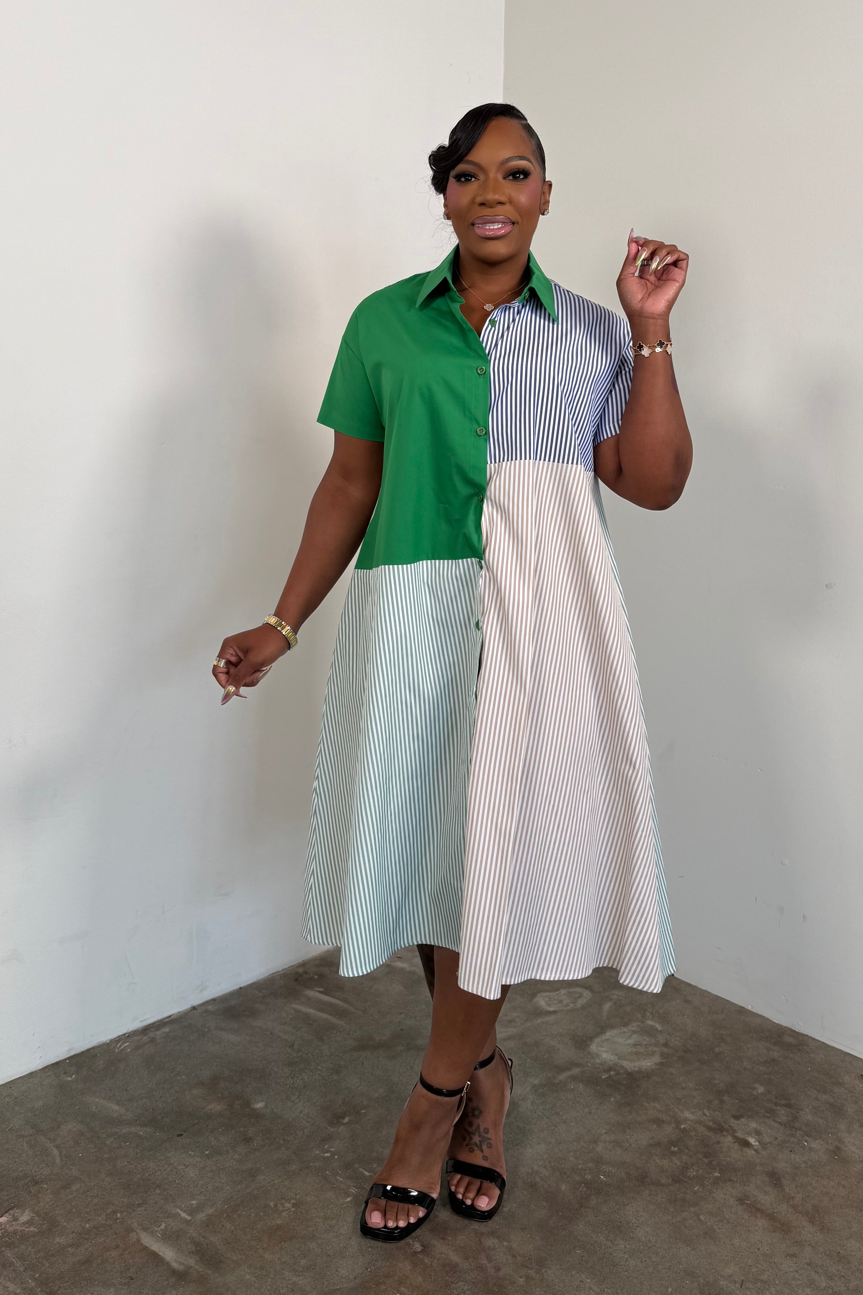 Colorblock Shirt Dress 5265 (Green)