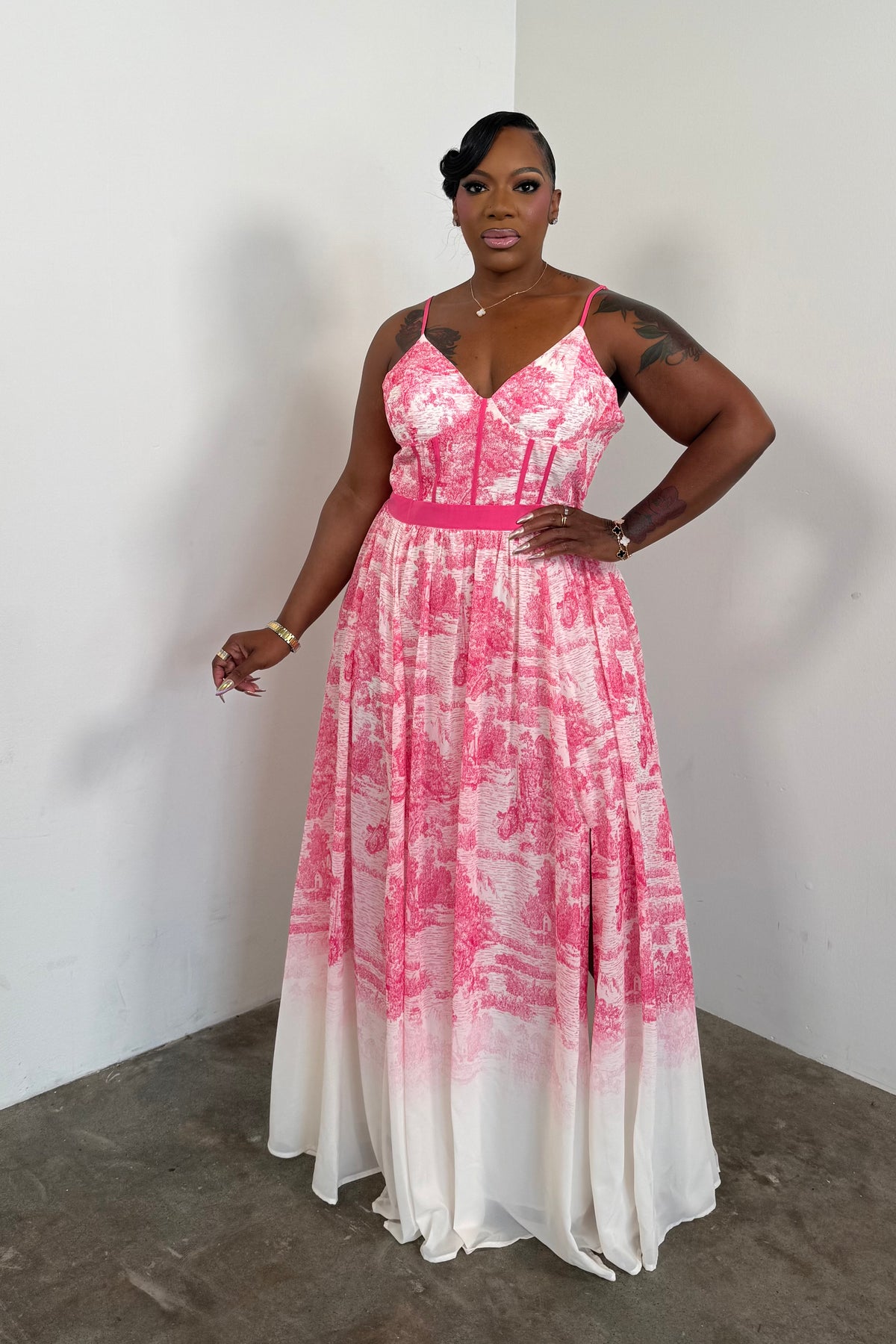 Château Maxi Dress (Cream & Fuchsia)
