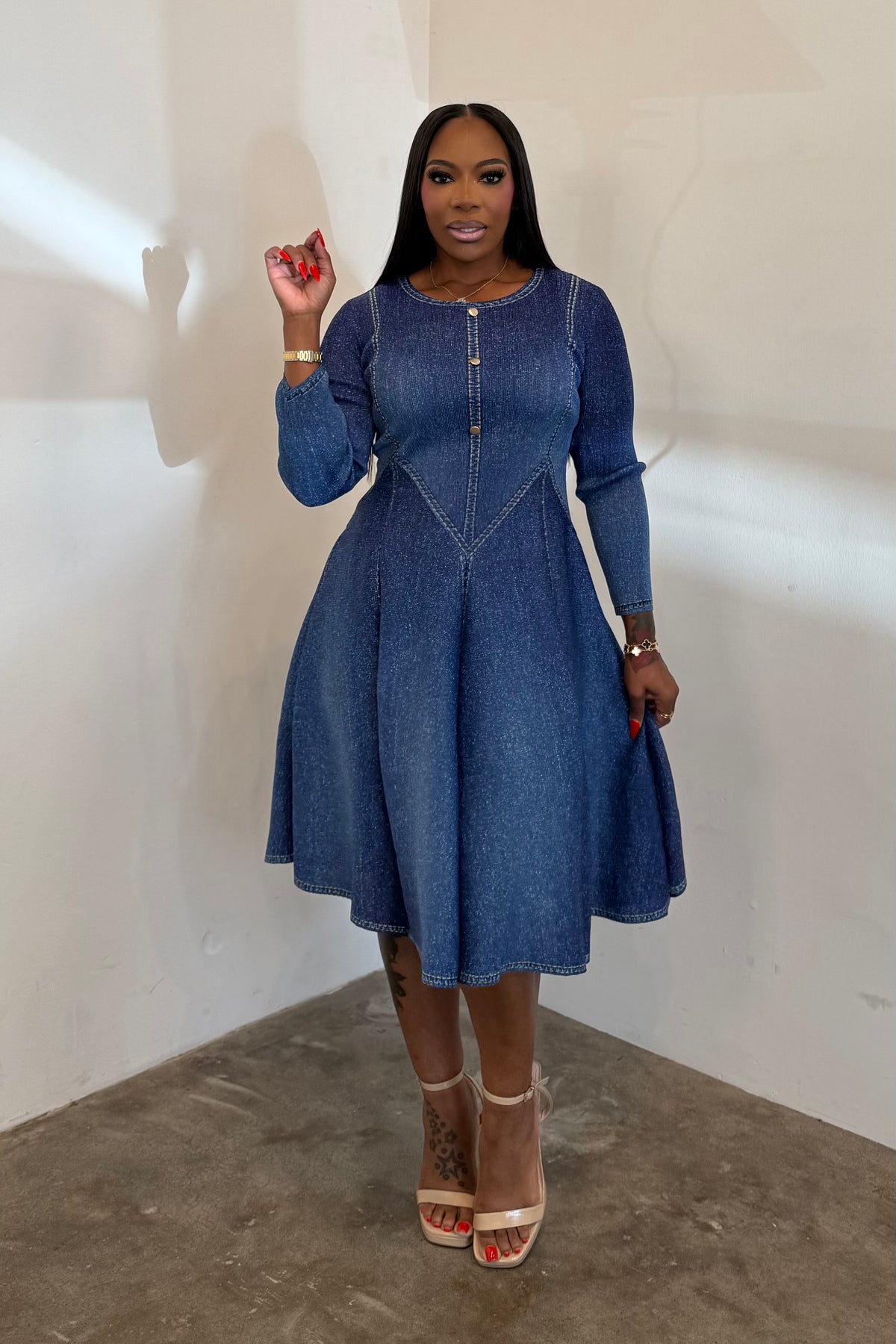 The Denim Flare Dress (Faux Denim Blue)